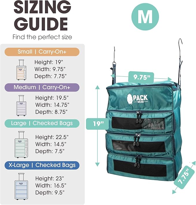 Pack Gear Hanging Carry-On Organizer - Our Fitted Hanging Luggage Organizer Perfectly Fits Any Carry On - Our Packing Cubes For Travel Use Mesh Windows to Make Finding Clothes Easy (Green, M)