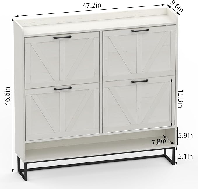 MISHAO Shoe Storage Cabinet with 4 Flip Drawers, Narrow Hidden Shoe Cabinet for Entryway, Freestanding Slim Shoe Rack Organizer with Metal Legs, Oak White
