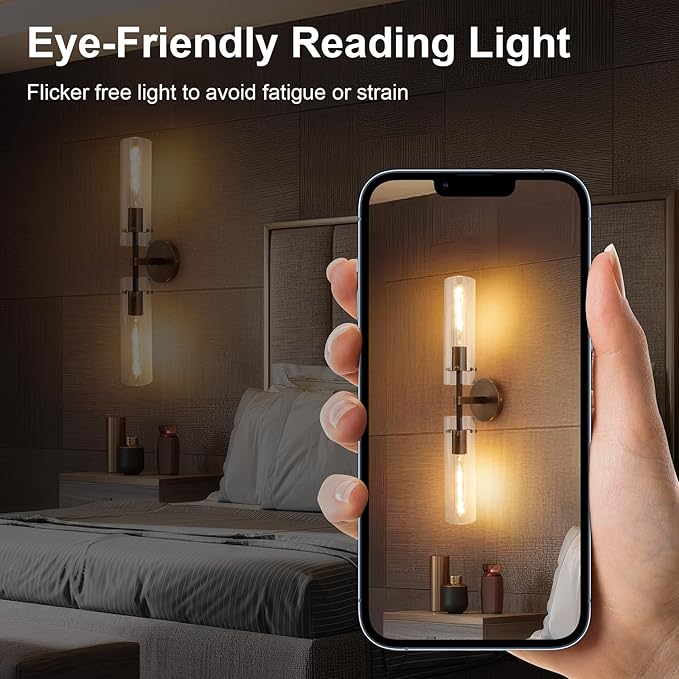 Brass Bronze 2-Light Knurled Wall Sconce, Dual-Head Vanity Lamp with Clear Glass Tube, Bathroom Wall Sconces, Wall Lights for Living Room Bedroom Hallway Kitchen Bathroom Mirror