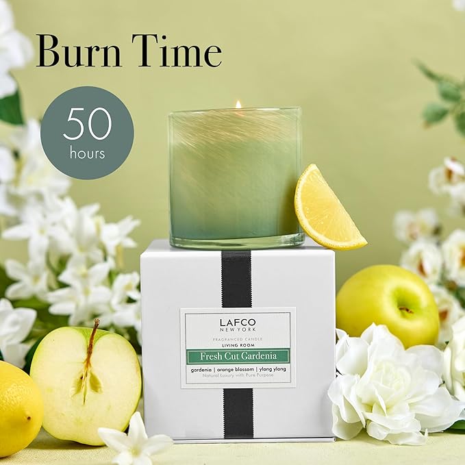 LAFCO New York Classic Candle, Fresh Cut Gardenia - Pack of 2, 6.5 oz - 50-Hour Burn Time - Reusable, Hand Blown Glass Vessel - Made in The USA