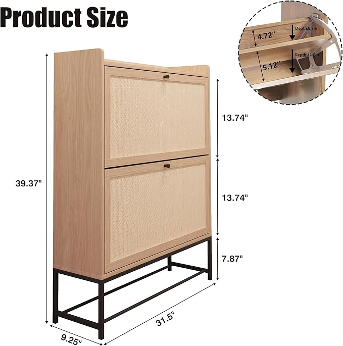 Narrow Shoe Storage Cabinet with 2 Flip Drawers, Freestanding Shoe Organizer Slim Shoe Cabinet Storage, Wooden Closed Shoe Rack for Entryway, Hallway, Living Room, Natural