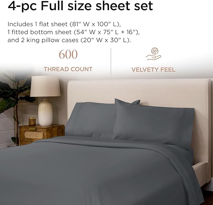 Threadmill 100% Cotton Sheets for Full Size Bed - 600 Thread Count Full Bed Sheets Set with 16” Deep Pocket - Sateen Weave 4-Piece Bedding Set with Cooling Effect, Dark Grey