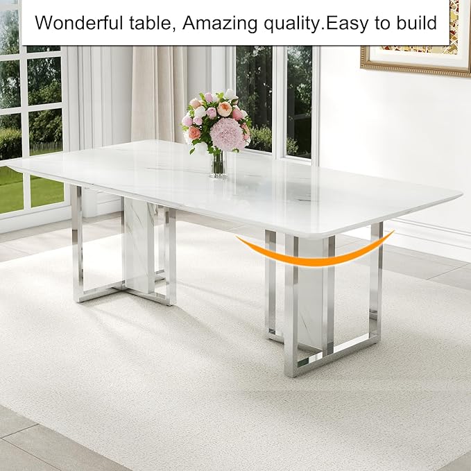 79 Inch Modern Dining Table Set for 8, White Luxury Kitchen Set with 1.8-inch Faux Marble Table Top & 8 PU Leather Upholstered Chairs for Dining and Living Room