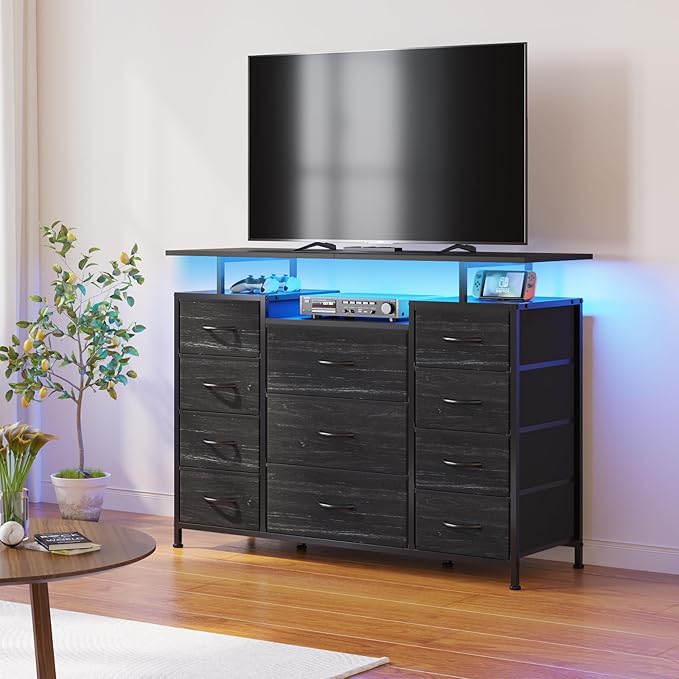 LUMTOK 11 Drawers Dresser with Fabric Drawers,Charging Station, LED Lights and Shelves for Bedroom,Hallway, Storage Organization (Black Wood Veins)