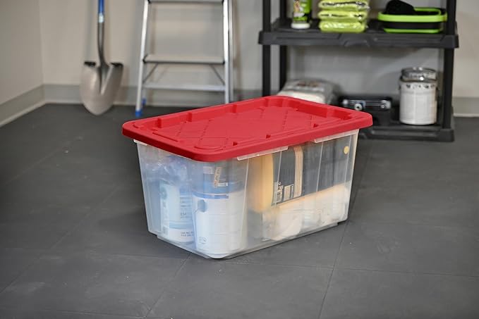 CX BLACK & YELLOW, XTRA TALL 27-Gallon Heavy Duty Clear Storage Container & Snap-Tight Lid, Clear & Red (28.5"L x 19.4"W x 15.2"H), Weather-Resistant, Stackable, See-Through Organization Tote