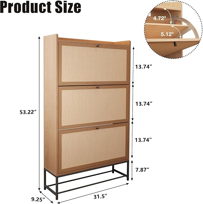 Narrow Shoe Storage Cabinet with 3 Flip Drawers, Freestanding Shoe Organizer Slim Shoe Cabinet Storage, Wooden Closed Shoe Rack for Entryway, Hallway, Living Room, Natural