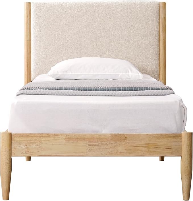 DG Casa Reign Boucle Mid-Century Modern Twin Size Wooden Platform Bed Frame - Upholstered in Taupe Boucle - Solid Wood with Natural Finish