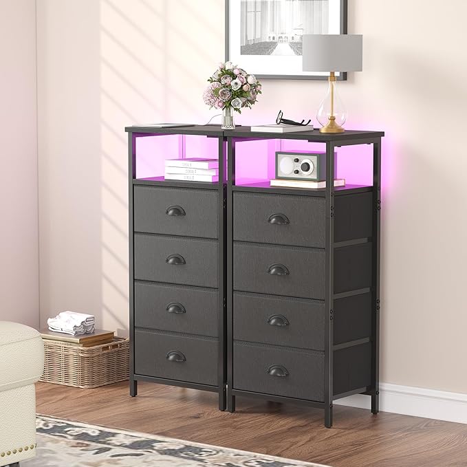 Nightstand with Charging Station,LED Black Nightstand with 4 Fabric Drawers PU Finish, Bedside End Tables, 2-Tier Open Storage Shelf Side Table Nightstand with Drawers for Bedroom,Black