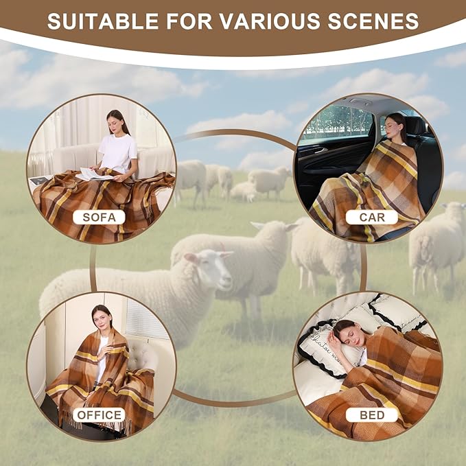 Coffee Brown Plaid Throw Blanket for Couch,100% Wool Throw Blanket for Home Decor, Soft Lightweight Cozy All Season Decorative Vintage Blankets for Travel,Bed, Sofa, Chair, Outdoor 55'' x 83''/2LBS