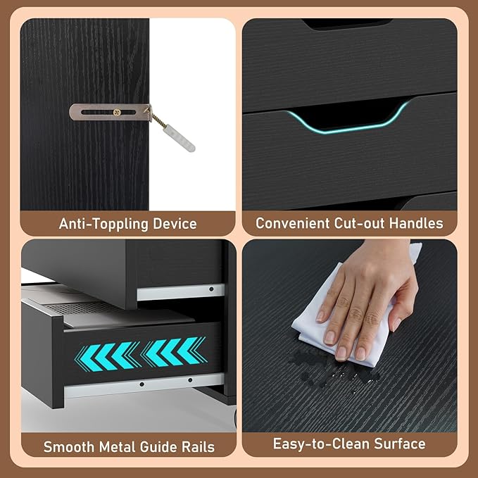 LOKO 7-Drawer Storage Cabinet, Versatile Drawer of Chest with Lockable Wheels, Mobile Office Lateral File Cabinet, for Home Office, Study (Black, 16" D x 19.5" W x 34.5" H)