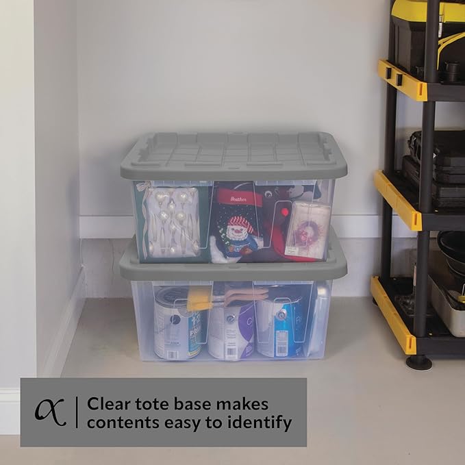 CX BLACK & YELLOW, 27-Gallon Heavy Duty Clear Storage Container & Snap-Tight Lid, Clear & Grey (14.3"H x 20.6"W x 30.6"D), Weather-Resistant, Stackable, See-Through Organization Tote [4 Pack]