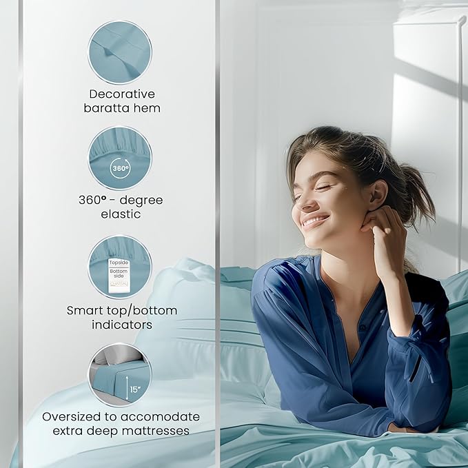 100% Cotton Sheets For King Size Bed, Certified 1000 TC Deep Pocket King Sheet Set, Elasticated Sheet & Pillowcase Sets, No Pill & Shrink, Soft & Comfy Naturally Cool & Breathable- French Blue