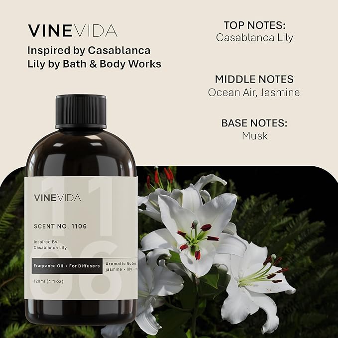 VINEVIDA [4 Fl Oz] Scent NO. 1106 Fragrance Oil for Cold Air Diffusers, Aromatic Notes of Casablanca Lily, Ocean Air & Jasmine Essential Oils for Diffuser Oil Refill & Air Freshener Room Spray