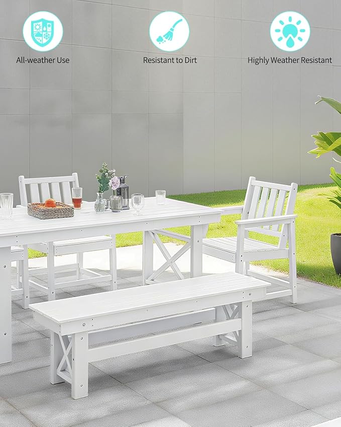 QUASCO Outdoor HDPE Dining Set for 6, Patio Dining Furniture Set with Umbrella Hole Table and 1 Bench and 4 Chairs, All Weather Outdoor Dining Bench Sets for Poolside, Garden, Deck, White