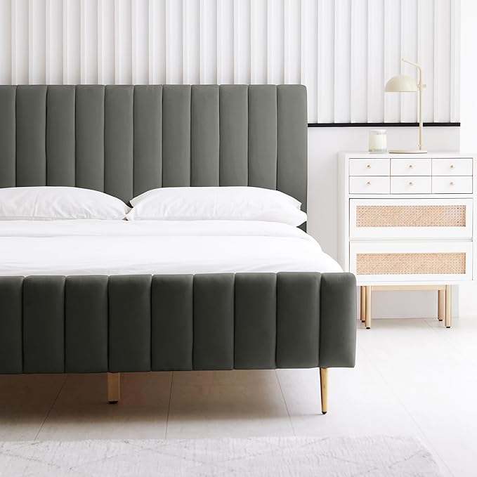 Livinia Queen Size Elton Velvet Platform Bed, Upholstered Bed Frame with Vertical Channel Tufted Headboard Footboard, Strong Wood Slats, No Box Spring Needed, Gray (Queen)