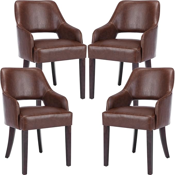 Modern Dining Chairs Set of 4 Upholstered Faux Leather Accent Side Chair with Mid Open Back & Wood Legs, Arm Chair for Home Kitchen and Restaurant, PU Brown