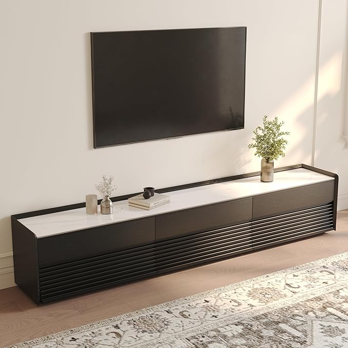 POVISON Fully-Assembled Mid Century Glossy Sintered Stone TV Stand, 94.49" Wood Media Console with Adjustable LED Light, Entertainment Center with Storage for Living Room