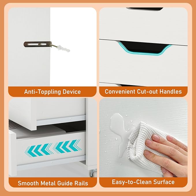 LOKO 7-Drawer Storage Cabinet, Versatile Drawer of Chest with Lockable Wheels, Mobile Office Lateral File Cabinet, for Home Office, Study (White, 16" D x 19.5" W x 34.5" H)