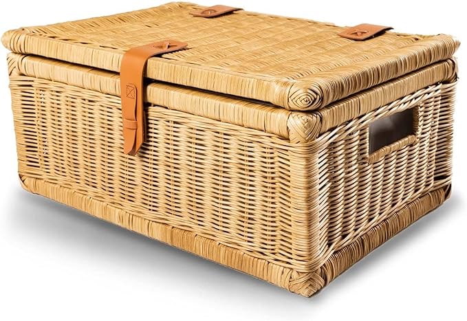 The Basket Lady Covered Wicker Storage Basket, Small, 17 in L x 11 in W x 6 in H, Sandstone