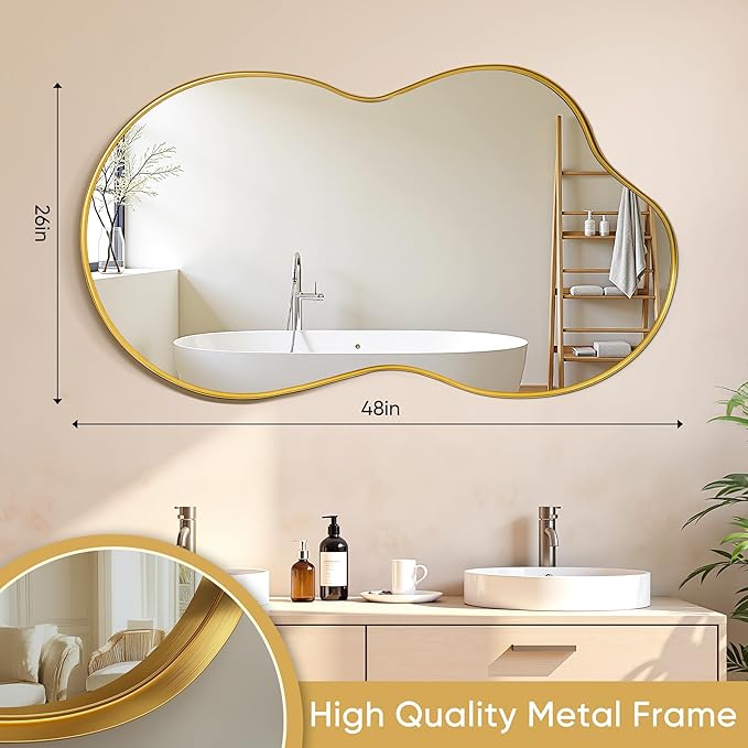 Suidia Irregular Wall Mirror, 48"x26" Bathroom Mirror Asymmetrical Mirrors Artistic Mirrors Decorative for Living Room Bedroom Bathroom Hallway Entryway, Gold, Cloud Style