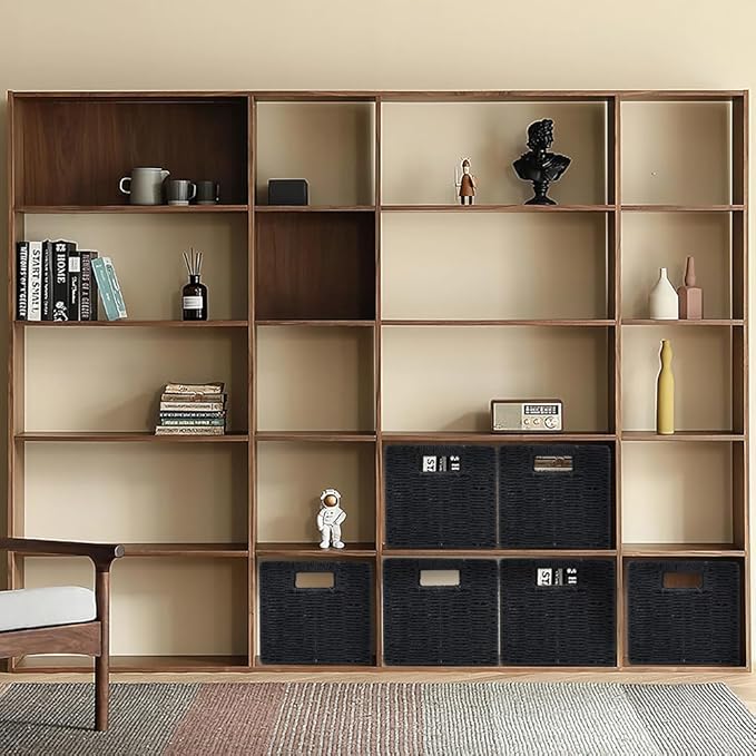 6 Pack 8.7 Inch Wicker Baskets, Hand Woven Paper Rope Storage Baskets, Foldable Cube Storage Bins Organizer Square Wicker Cubes for Shelves Pantry Organizing & Decor (Black)