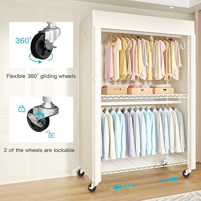FUTASSI White Clothing Rack with Beige Cover, P1C Plus Rolling Closet with Wheels, Metal Garment Rack for Hanging Clothes, Clothing Storage Wardrobe, 46" W x 18.5" D x 80.7" H, Load 524 Pounds