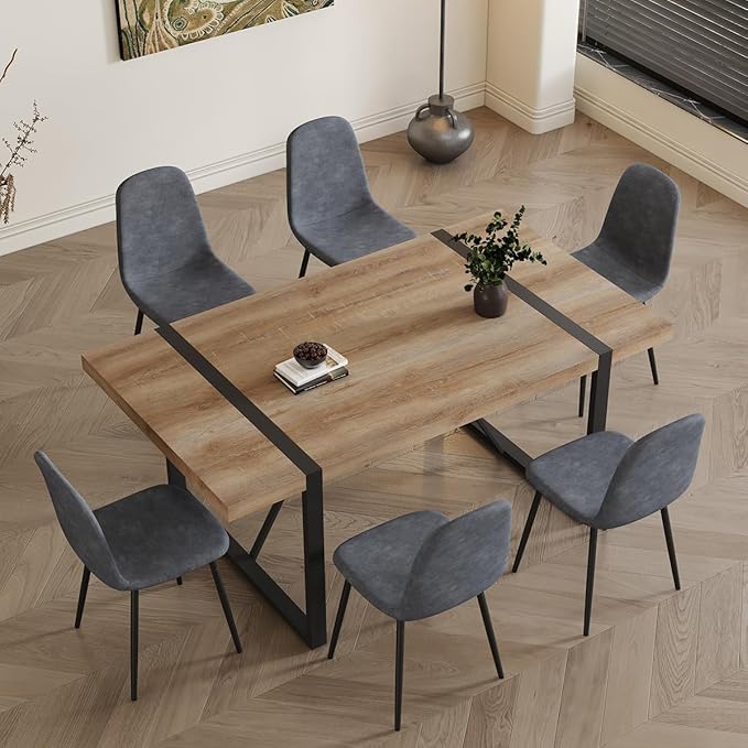 Dining Table Set for 6，Dinner Table Set for 6，71'' Kitchen Table and Suede Nap Fabic Chairs Set of 6，6 Chair Dining Table Set for Kitchen Dining Room