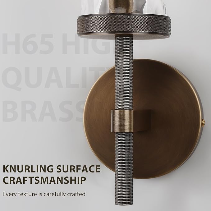 19.5" Knurled Brass Wall Sconces Set of 2, Bronze Bathroom Vanity Light Fixtures with Water Ripples Glass Tube, Modern Lamp Lighting for Bedroom, Living Room, Hallway, Staircase, Mirror, Kitchen