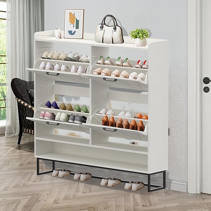 MISHAO Shoe Storage Cabinet with 4 Flip Drawers, Narrow Hidden Shoe Cabinet for Entryway, Freestanding Slim Shoe Rack Organizer with Metal Legs, Oak White