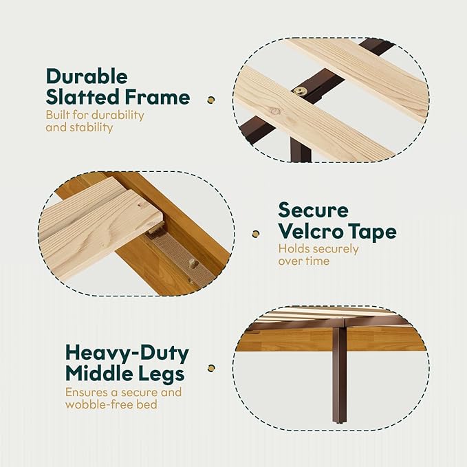 Bme Trapeze Queen Bed Frame – Modern Solid Wood Bed with Smooth Pattern Headboard, Black Metal Legs, Teak Brown Finish – Durable Queen Size Platform Bed for Contemporary Bedrooms