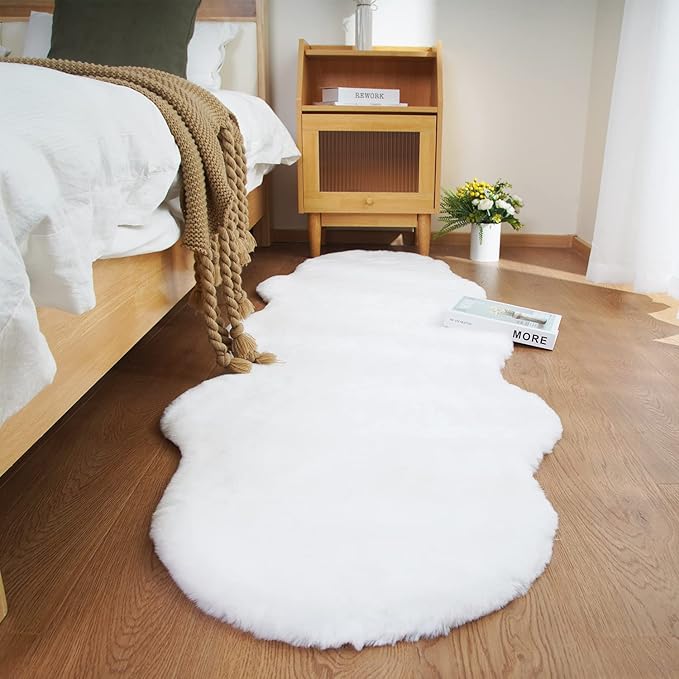 Ghouse Soft Faux Sheepskin Fur Rug 2x6 White Fluffy Bedside Rugs Plush Rug Shag Nursery Carpet Area Rugs for Living Room Bedroom Playing Room Decor