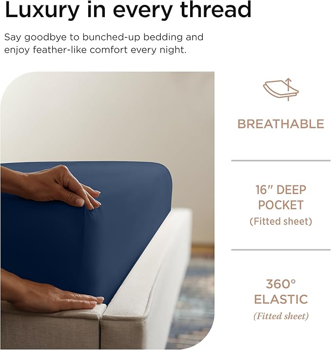 Threadmill 100% Cotton Sheets for King Size Bed - 600 Thread Count King Bed Sheets Set with 16” Deep Pocket - Sateen Weave 4-Piece Bedding Set with Cooling Effect, Folkstone Blue