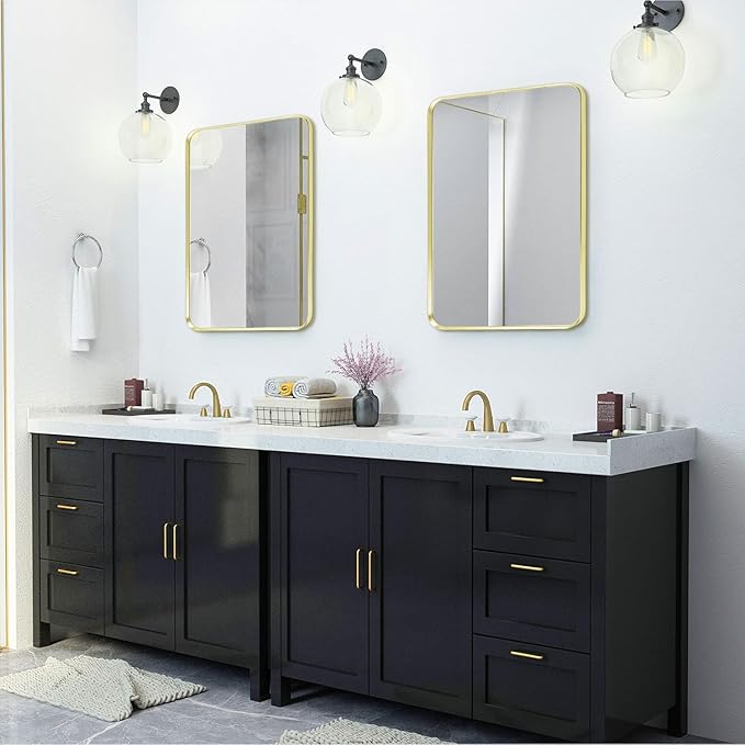 Wall Mount Mirror for Bathroom, Brushed Gold Metal Framed Rounded Corner Rectangular Vanity Mirror, Tempered Glass (28" x 36", Gold)