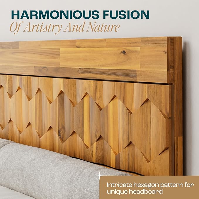 Bme Georgina Signature Bed Frame with Handcrafted Geometric Headboard, Mid Century Modern, Solid Acacia Wood, No Box Spring Needed, 12 Strong Wood Slats Support, Easy Assembly, Teak Brown, King