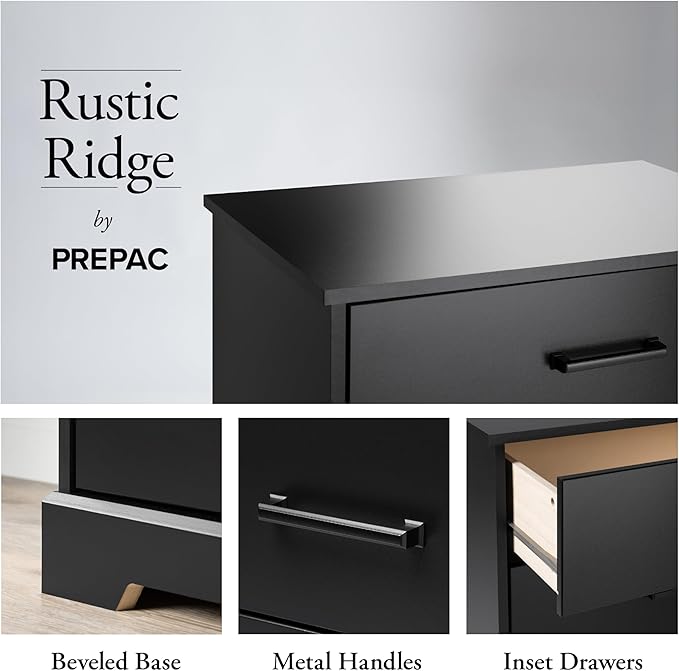 Prepac Rustic Ridge Farmhouse Nightstand Bedside Table, Black Nightstand for Bedroom, End Table with 2 Drawers and Open Shelf 16.25"D x 18.75"W x 24.5"H