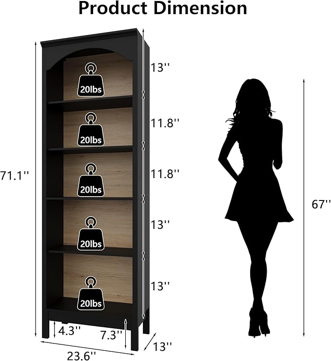 71" H Tall Bookshelf and Bookcase, Farmhouse Book Shelf with 5-Tier Open Shelves, Wooden Bookcase Freestanding Display Bookshelves for Bedroom, Living Room, Black