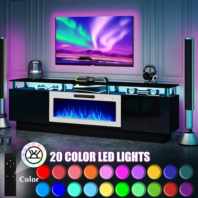 80" Modern Fireplace TV Stand with 36" Electric Fireplace for TVs Up to 90 inch, Luxury LED Light Entertainment Center with High Gloss Cabinet, Black + Silver Posts with White Fireplace