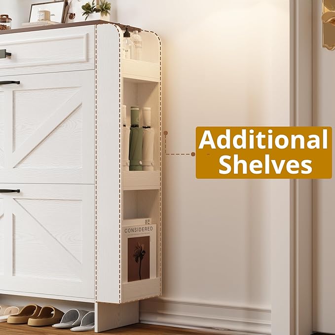 IRONCK Shoe Storage Cabinet with 2 Flip Drawers & Barn Door Design, Freestanding Shoe Cabinet Organizer with Drawer and Shelves for Entryway, Farmhouse Shoe Rack Cabinet, White/Walnut