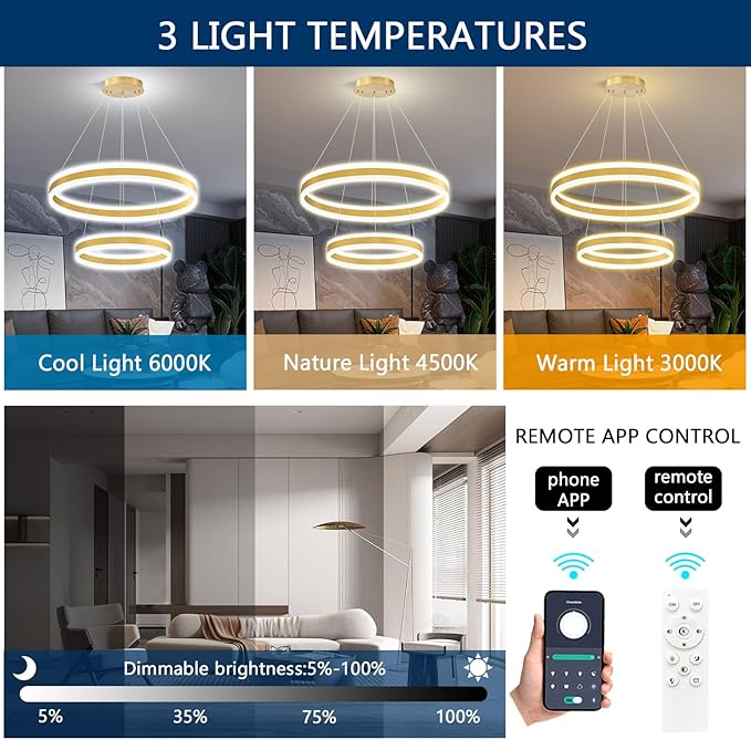 D15.7''+23.6'' Modern Ring Chandelier for Dining Room LED Dimmable Pendant Lighting for Living Room Foyer Bedroom Entryway 3000K-6000K Gold