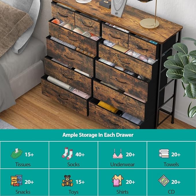 Dresser for Bedroom with 12 Drawers, Tall Fabric Drawer Dresser, Chest of Drawers for Closet, Nursery, Bedside, Living Room, Laundry, Entryway, Hallway(Rustic Brown)