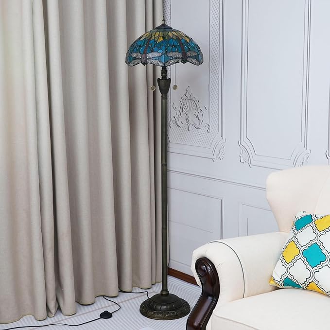 Tiffany Floor lamp Stained Glass Lamps for Living Room Bedroom Office Rustic Corner Standing Tall Vintage Light Kids Unique Pulling Chain Green Dragonfly Style Lighting