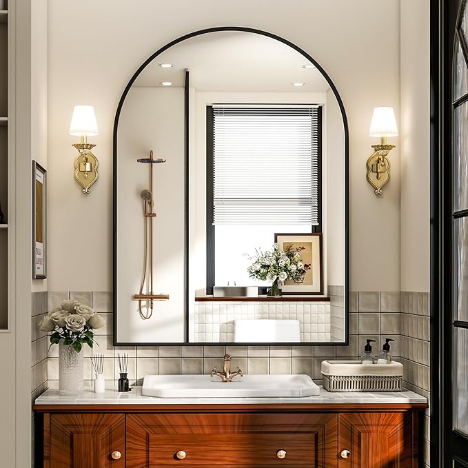 Arch Bathroom Mirror, 24x36 inch Arched Bathroom Mirror/Wall Mounted Vanity Mirror - Arch Metal Frame Wall Mirror for Bathroom Bedroom Living Room, Black