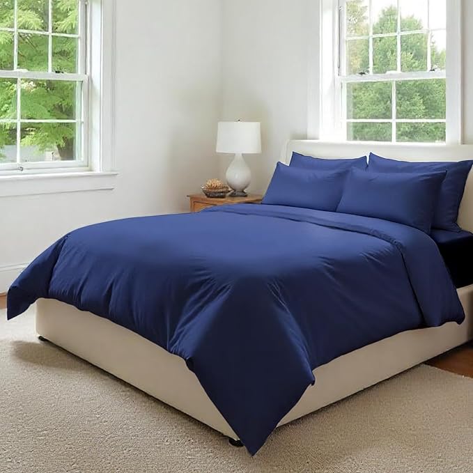 Fabdreams GOTS Certified 100% Organic Cotton Duvet Cover Queen Size - 400 TC Sateen - Soft - Silky - Zipper Closure - Edge Ties - 1 Duvet Cover (90"x92")+2 Pillow Shams (20"x26") - Dark Blue, 3 Piece