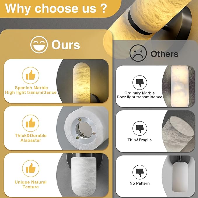 Alabaster Wall Sconces, 13" Black Wall Sconce, Modern Bathroom Sconces Lighting, Black Spanish Natural Marble Sconce for Living Room, Bedroom, Stairs, Hallway