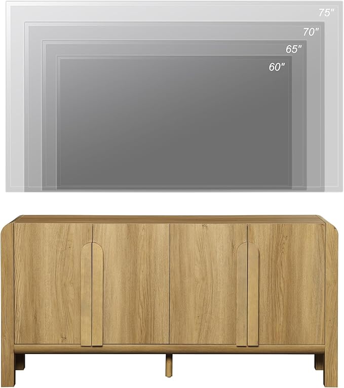 WAMPAT Modern TV Stand for TVs Up to 75 inches,63" W Farmhouse Entertainment Center with Adjustable Shelf and 4 Doors,Media Console Table TV Cabinet for Living Room,Light Walnut