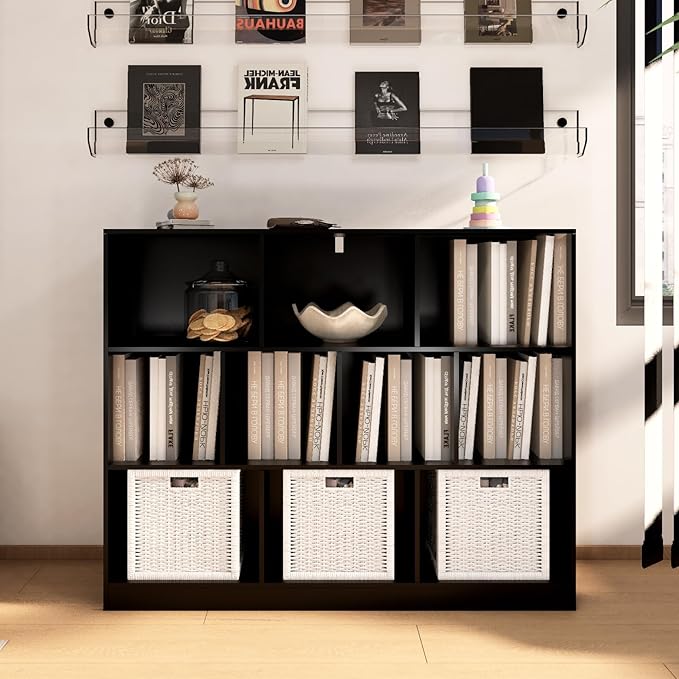 Black Bookshelf, Wooden Bookshelf with Base, Cube Storage Organizer, Bookcase for Living Room,Bedroom,Study and Office(Black, 10-Cube)