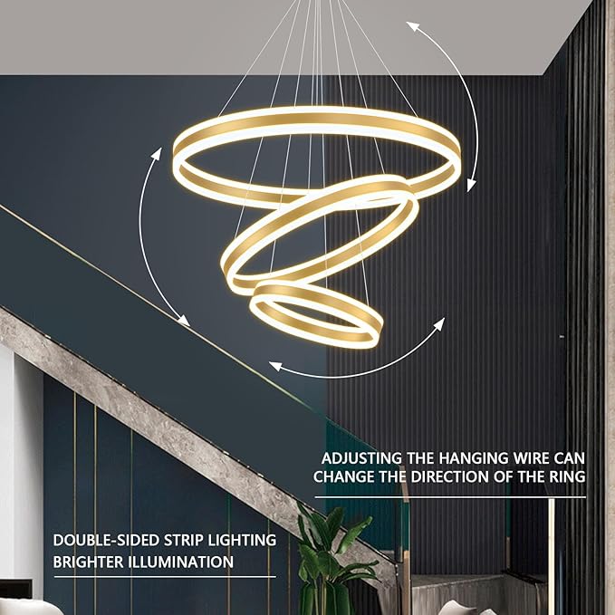 3-Rings Modern Chandelier for Dining Room Gold LED Dimmable Pendant Lightings for Kitchen Island Adjustable Height Flush Mount Ceiling Lighting for Living Room Foyer Hallways 3000K-6000K