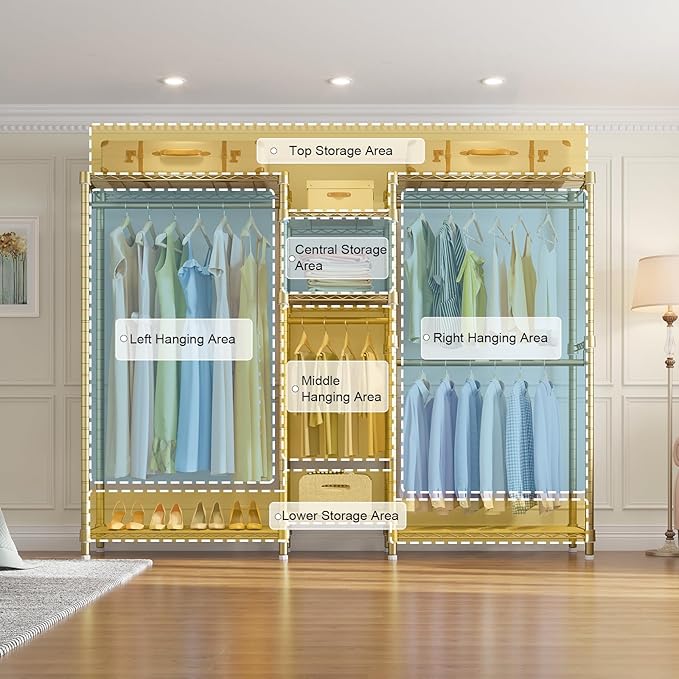 VIPEK Classic V6 Wire Garment Rack Heavy Duty Clothes Rack with 7 Adjustable Shelves & 4 Hanging Rods, Compact DIY Metal Clothing Racks 68.9" L x 15.7" W x 76.4" H, Max Load 840LBS, Gold