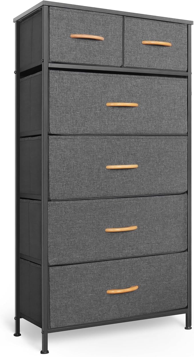 Tall Dresser for Bedroom, Vertical Storage Organizer Tower with 6 Drawers, Chest of Drawers with Fabric Bins, Steel Frame, Wood Top for Bedroom, Closet, Entryway- Grey
