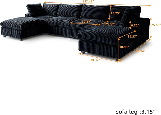 JACH Modern U Shape Sectional Couch, Convertable Modular Couches with Chaise Ottomans, Deep Seat Sofas, Sofa Covers Washable, Minimalist Plush Sofa for Living Room, Apartment, Black